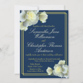 Elegant Navy Blue Gold Script White Rose Hochzeit Einladung (Vorderseite)