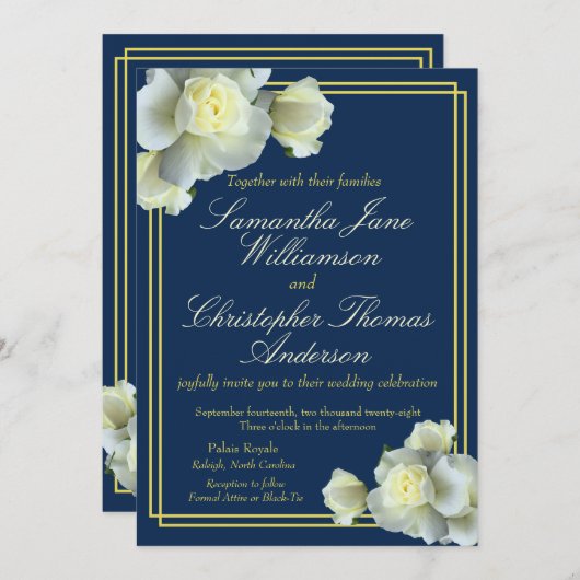 Elegant Navy Blue Gold Script White Rose Hochzeit Einladung (Vorne/Hinten)