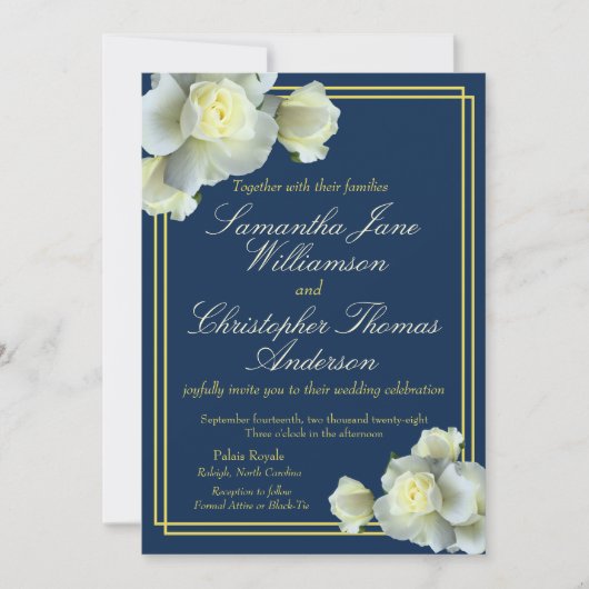 Elegant Navy Blue Gold Script White Rose Hochzeit Einladung (Vorderseite)