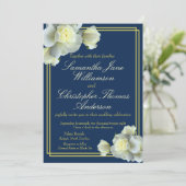 Elegant Navy Blue Gold Script White Rose Hochzeit Einladung (Stehend Vorderseite)