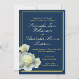Elegant Navy Blue Gold Script White Rose Hochzeit Einladung