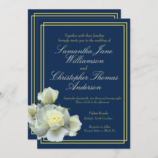 Elegant Navy Blue Gold Script White Rose Hochzeit Einladung (Vorne/Hinten)