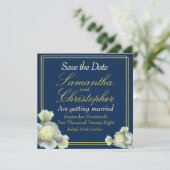 Elegant Navy Blue Gold Script White Rose Hochzeit Save The Date (Stehend Vorderseite)