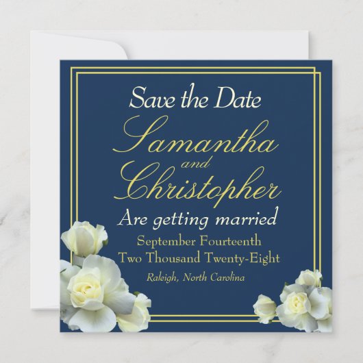 Elegant Navy Blue Gold Script White Rose Hochzeit Save The Date (Vorderseite)