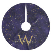Elegant Navy Blue Gold Stars Mit Monogramm Velvet Polyester Weihnachtsbaumdecke (Vorderseite)