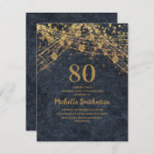 Elegant Navy Blue Gold String Lights 80. Einladung (Vorne/Hinten)