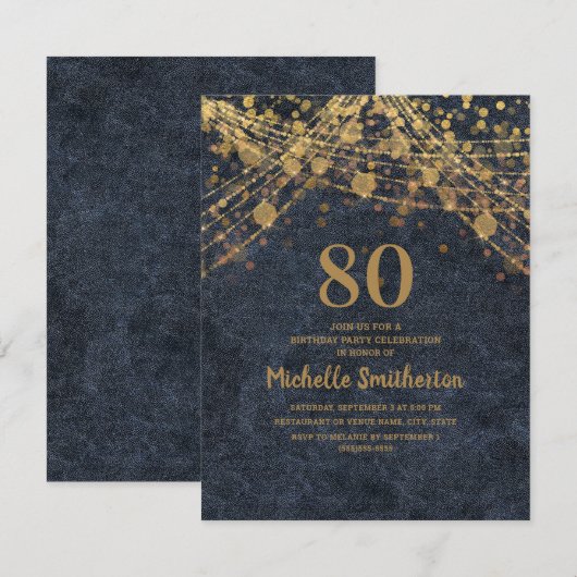 Elegant Navy Blue Gold String Lights 80. Einladung (Vorne/Hinten)