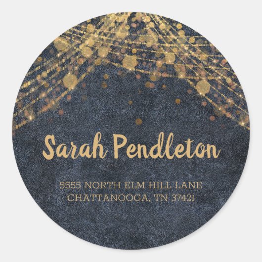 Elegant Navy Blue Gold String Lights Bokeh-Adresse Runder Aufkleber (Vorderseite)