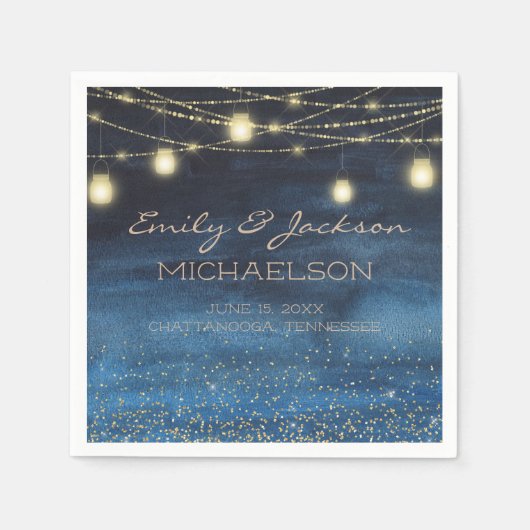 Elegant Navy Blue Gold String Lights Lanterns Serviette (Vorderseite)