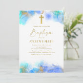 Elegant Navy Blue Gold Taufen Christening Einladung (Stehend Vorderseite)