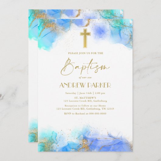 Elegant Navy Blue Gold Taufen Christening Einladung (Vorne/Hinten)