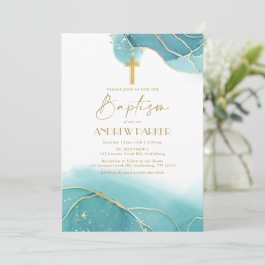 Elegant Navy Blue Gold Taufen Einladung (Stehend Vorderseite)