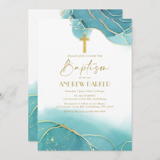 Elegant Navy Blue Gold Taufen Einladung (Vorne/Hinten)