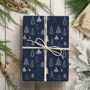 Elegant Navy Blue & Gold Tree Weihnachten Geschenkpapier