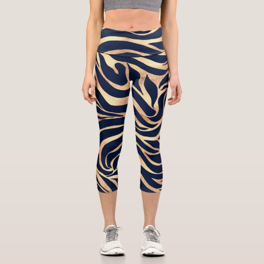 Elegant Navy Blue Gold Zebra Print Capri Leggings (Vorderseite)