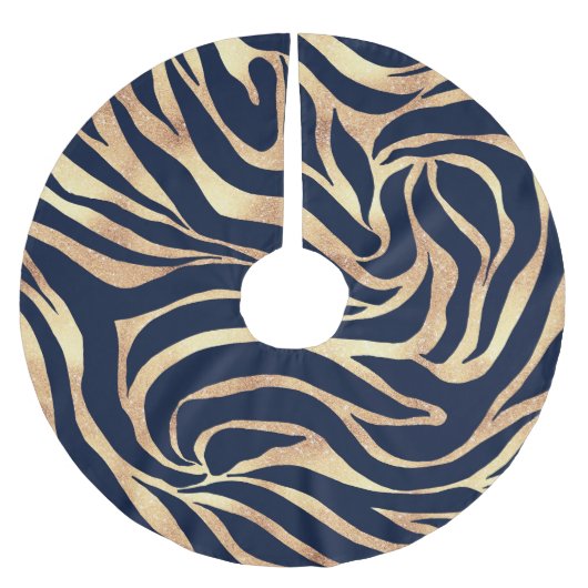 Elegant Navy Blue Gold Zebra Print Polyester Weihnachtsbaumdecke (Vorderseite)