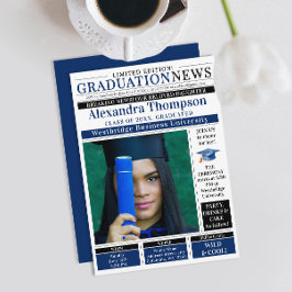 Elegant Navy Blue Graduate Newspaper Breaking News Einladung