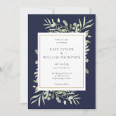 Elegant Navy Blue Greenerity Blätter Hochzeit Einladung (Vorderseite)