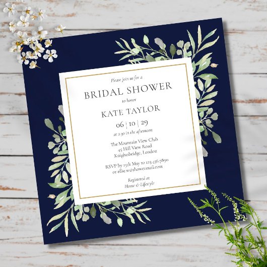 Elegant Navy Blue Greenerity Wedding Brautparty Einladung