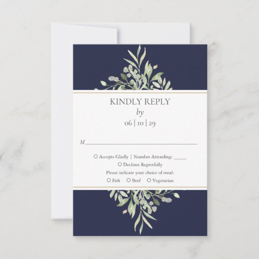 Elegant Navy Blue Greenerity Wedding RSVP Card Karte (Vorderseite)