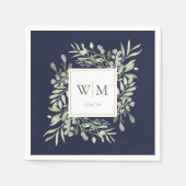 Elegant Navy Blue Greenery Gold Monogram Serviette (Vorderseite)