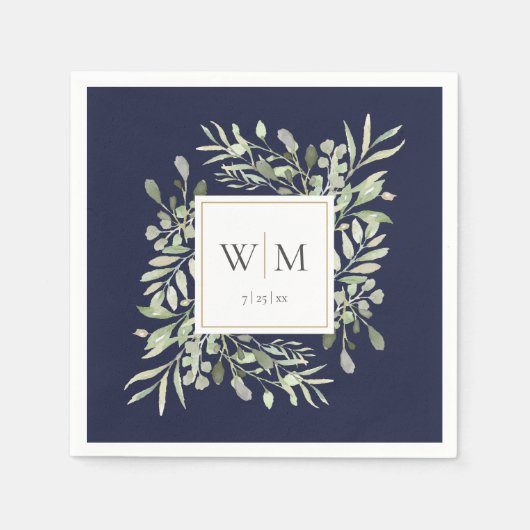 Elegant Navy Blue Greenery Gold Monogram Serviette (Vorderseite)