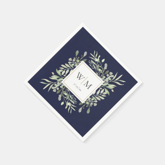 Elegant Navy Blue Greenery Gold Monogram Serviette (Ecke)