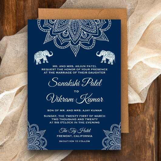 Elegant Navy Blue Henna Indian Wedding Einladung