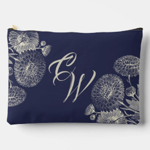 Elegant Navy Blue Ivory Floral Mum's Initials Zubehörtasche