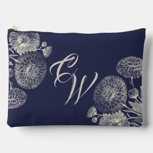 Elegant Navy Blue Ivory Floral Mum's Initials Zubehörtasche (Vorderseite)