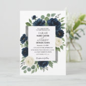 Elegant Navy Blue & Ivory Floral Wedding Einladung (Stehend Vorderseite)
