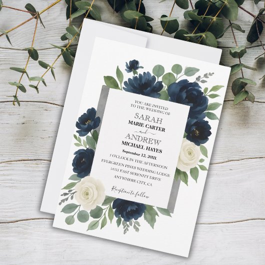 Elegant Navy Blue & Ivory Floral Wedding Einladung