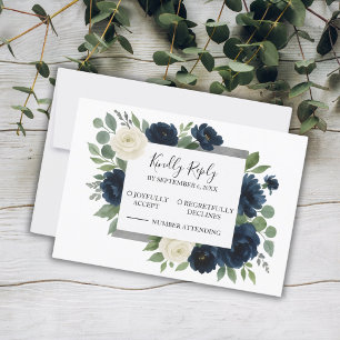 Elegant Navy Blue & Ivory Floral Wedding RSVP Karte