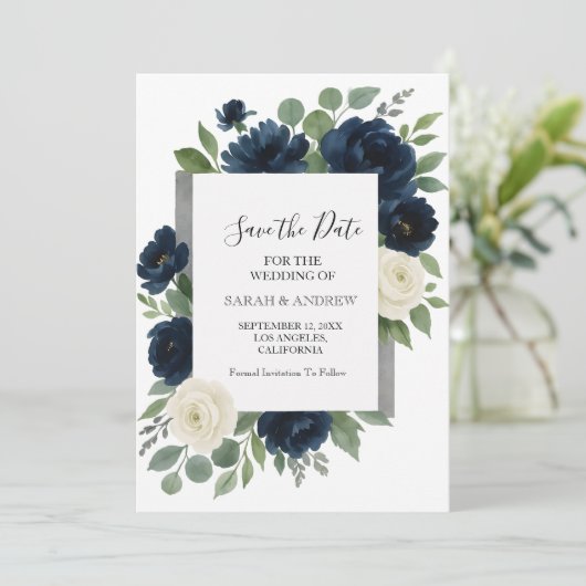 Elegant Navy Blue & Ivory Floral Wedding Save The Date (Stehend Vorderseite)