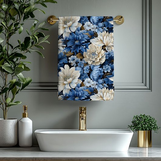 Elegant Navy Blue Ivory Gold Floral Bath Towel Badhandtuch Set