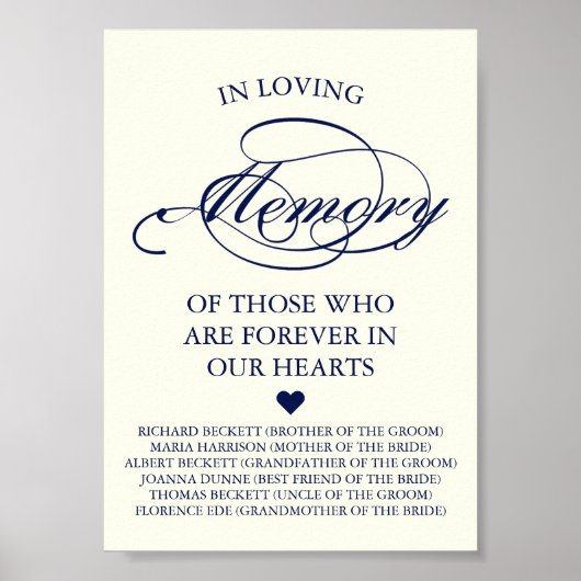 Elegant Navy Blue & Ivory Script Wedding Memorial Poster (Vorne)