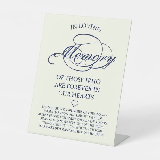 Elegant Navy Blue & Ivory Script Wedding Memorial Sockelschild (Vorderseite)
