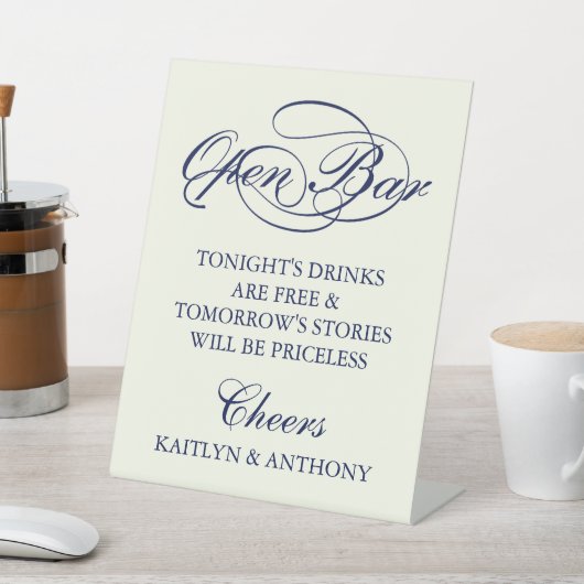 Elegant Navy Blue & Ivory Script Wedding Open Bar Sockelschild (In SItu)