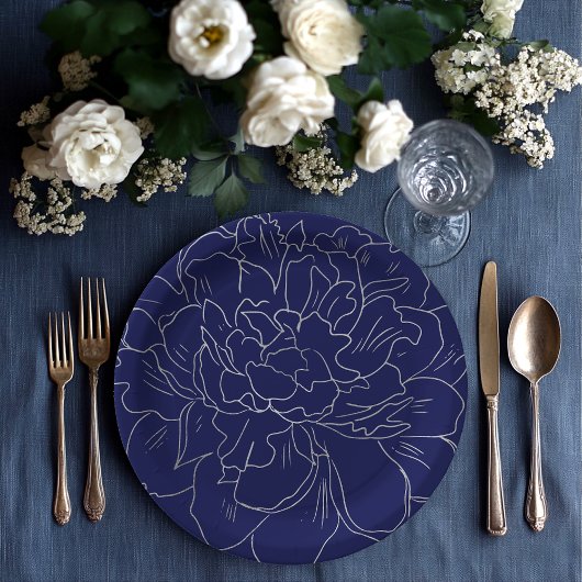 Elegant Navy Blue Large Silver Floral Pappteller