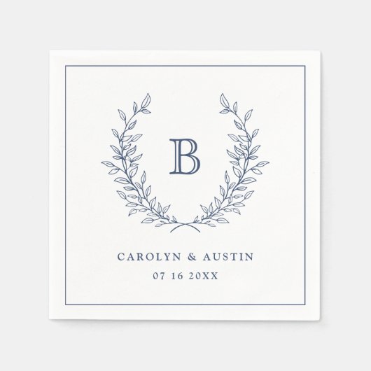 Elegant Navy Blue Laurel Wreath Wedding Monogram Serviette (Vorderseite)