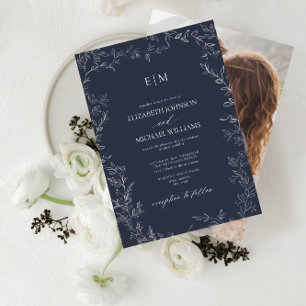 Elegant Navy Blue Leaf Foto Monogram Wedding Einladung