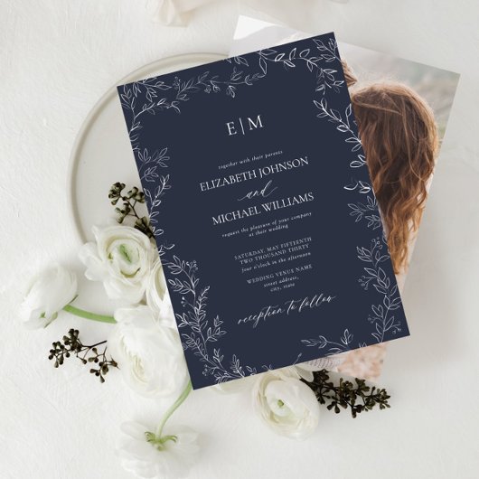 Elegant Navy Blue Leaf Foto Monogram Wedding Einladung