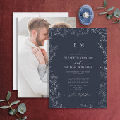 Elegant Navy Blue Leaf Foto Monogram Wedding Einladung