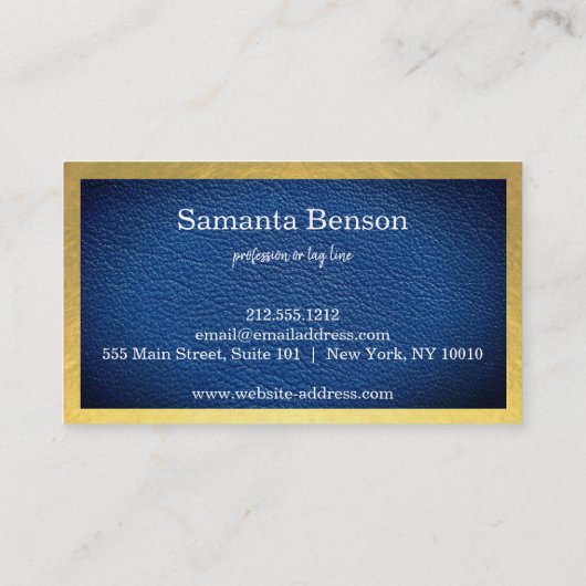 Elegant Navy Blue Leather Gold Label Professional Visitenkarte (Rückseite)