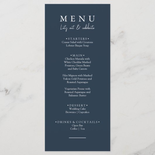 Elegant Navy Blue Let's Eat Calligraphy Wedding Menükarte (Vorderseite)