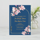 Elegant Navy Blue Magnolia Floral Wedding Einladung (Stehend Vorderseite)