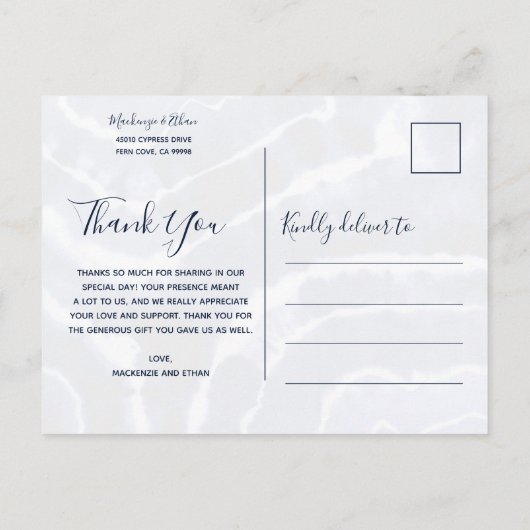 Elegant Navy Blue Marble Gefärbte Krawatte Hochzei Postkarte (Rückseite)