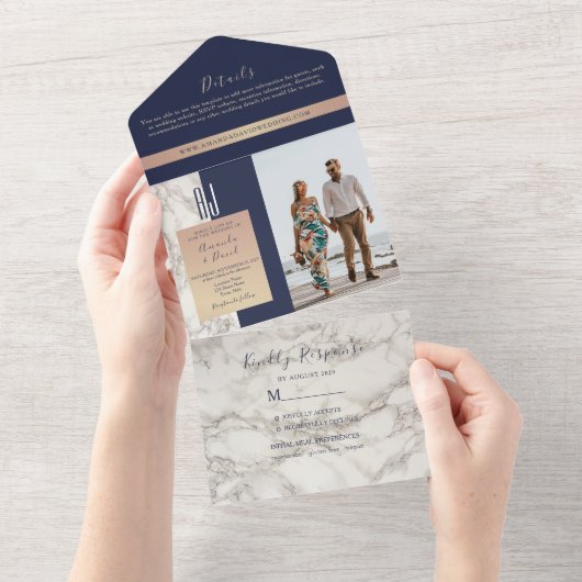 Elegant Navy Blue Marble Wedding All In One Einladung (Abreißen)
