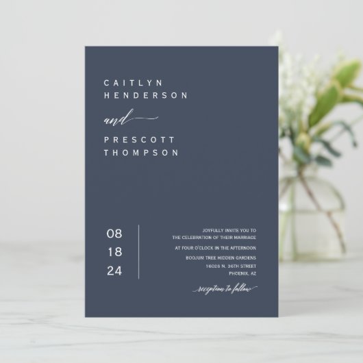 Elegant Navy Blue Minimal Foto QR Code Wedding I Einladung (Stehend Vorderseite)