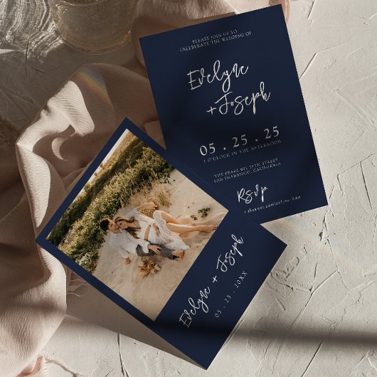 Elegant Navy Blue Minimalist Modern Photo Wedding Einladung